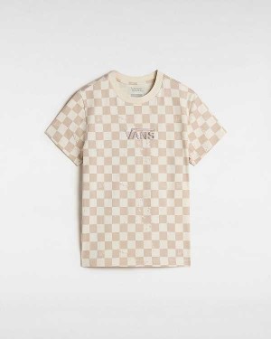 Beige Vans Allover Check Crew Women T Shirts | VN2560397