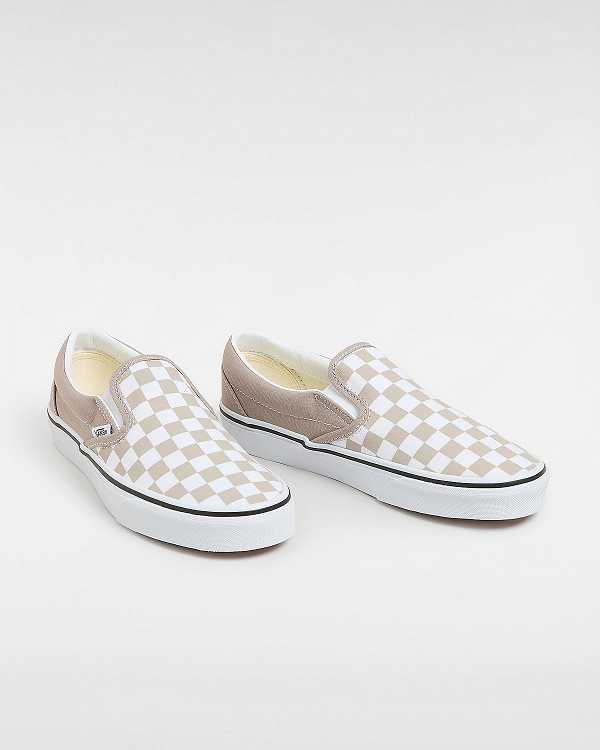 Beige Vans Classic Checkerboard Women Slip On Shoes | VN6871934