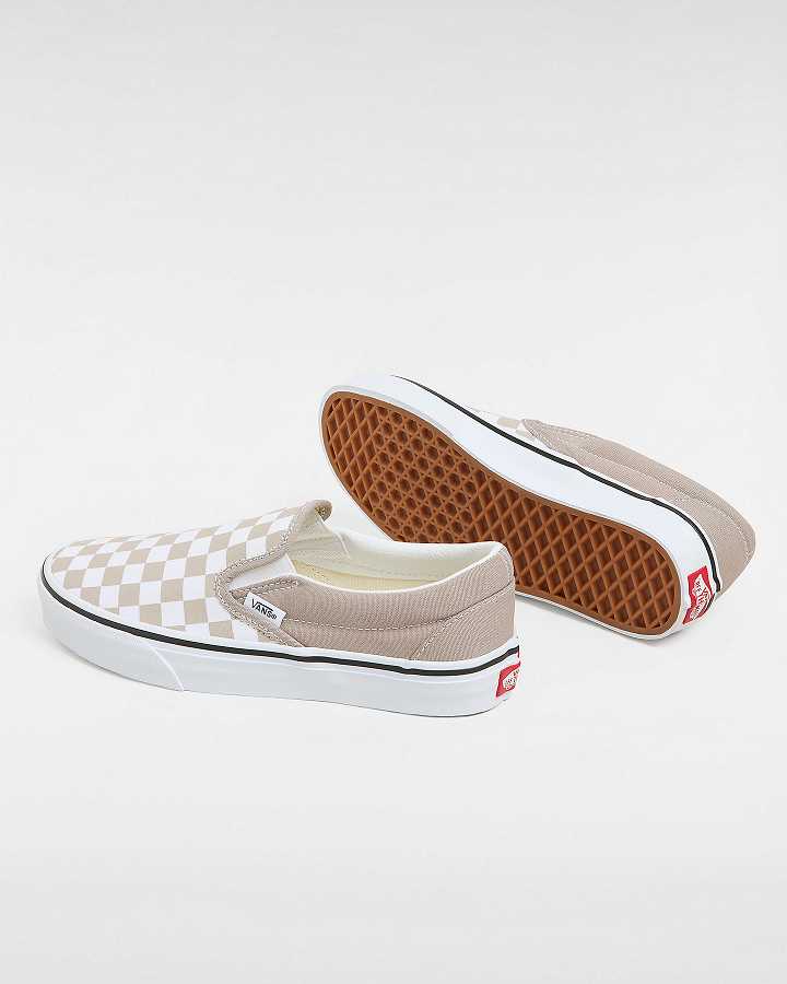 Beige Vans Classic Checkerboard Women Slip On Shoes | VN6871934