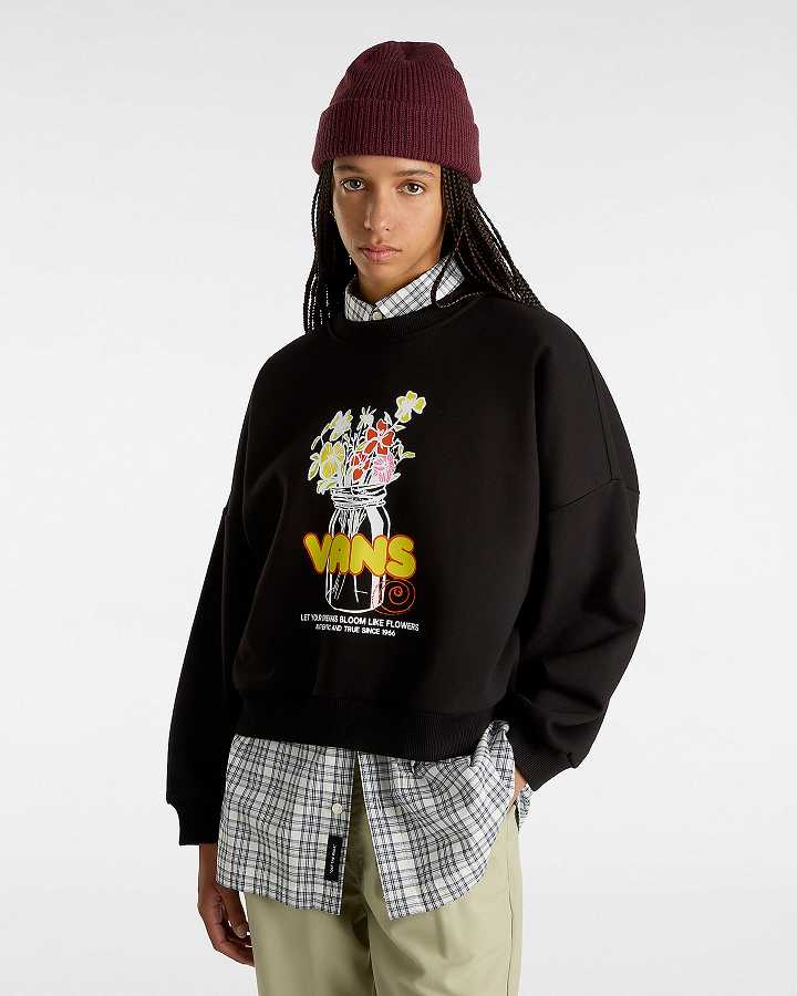 Black Vans Boquet Loose Crew Women Sweatshirt | VN1934708