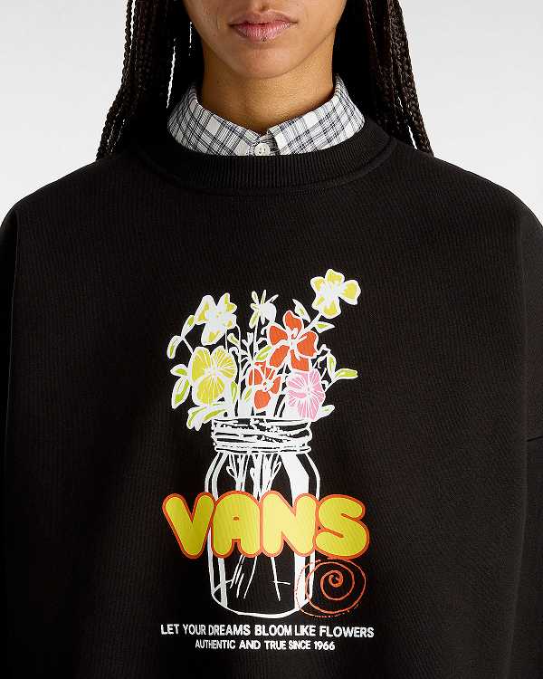 Black Vans Boquet Loose Crew Women Sweatshirt | VN1934708