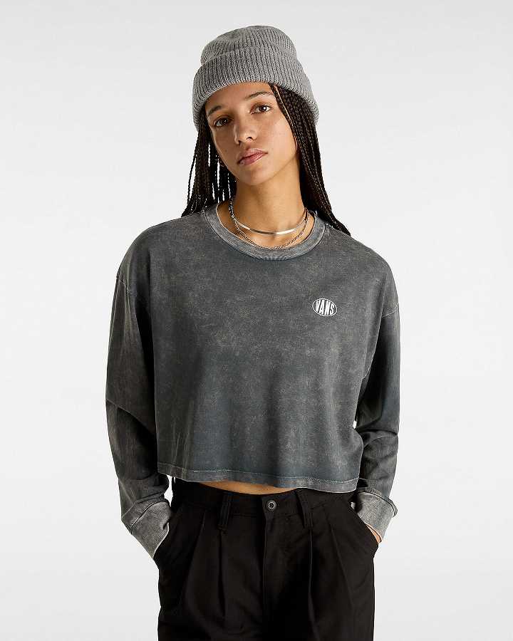 Black Vans Oval Wash Relaxed Long Sleeve Crop Women T Shirts | VN0489723