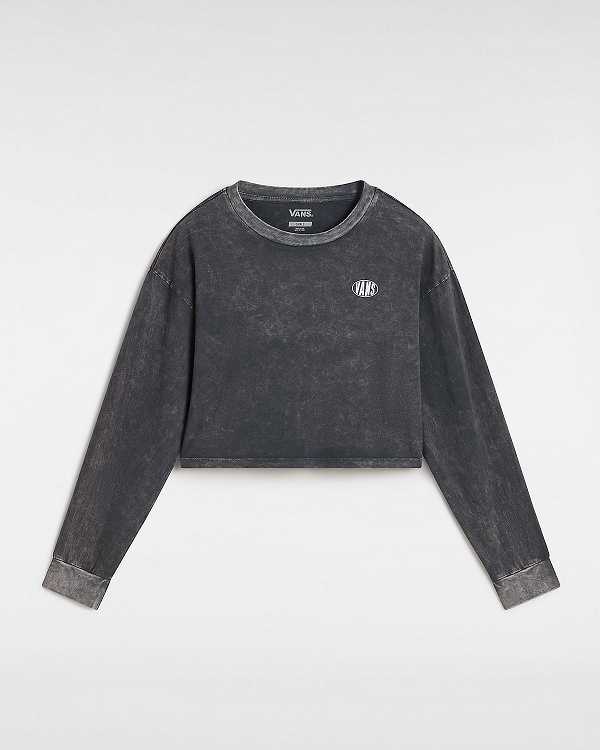 Black Vans Oval Wash Relaxed Long Sleeve Crop Women T Shirts | VN0489723