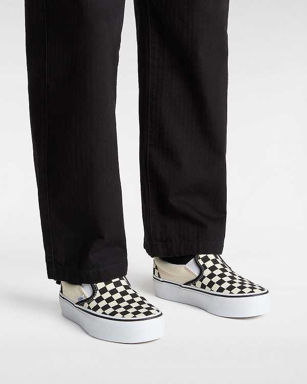 Black / White Vans Checkerboard Classic Slip-On Women Platform Shoes | VN4528079