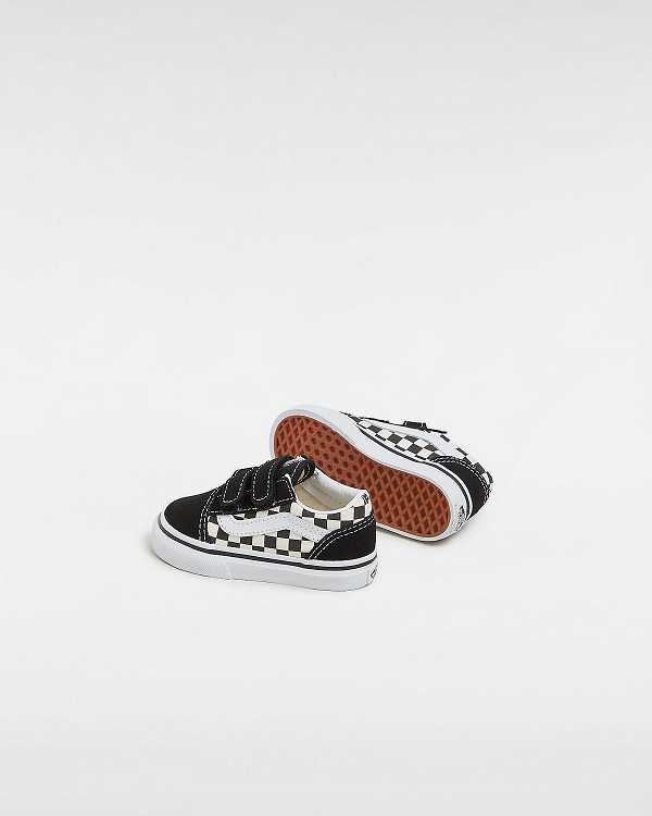 Black / White Vans Primary Check Old Skool Hook And Loop (1-4 years) Kids' Sneakers | VN1260597