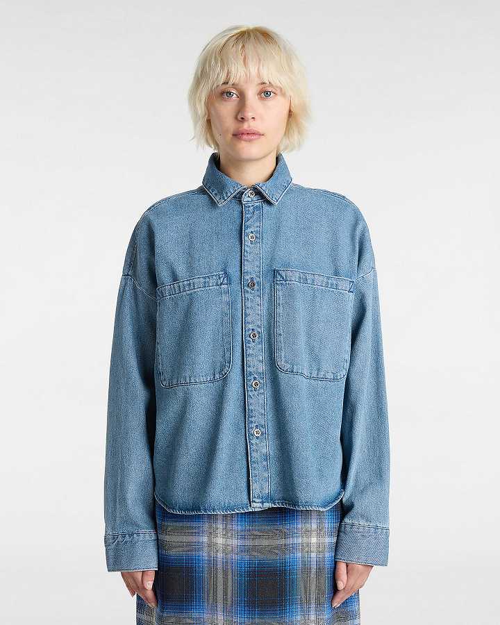 Blue Vans Antica Boxy Denim Long Sleeve Women Shirts | VN5934267