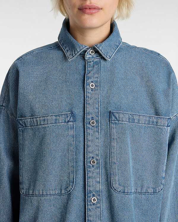 Blue Vans Antica Boxy Denim Long Sleeve Women Shirts | VN5934267