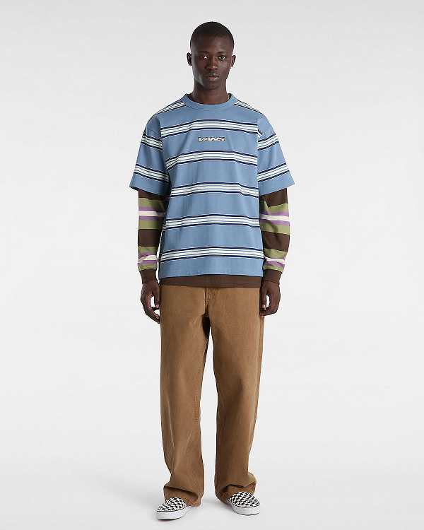 Blue Vans Mesa Stripe Men T Shirts | VN3180762