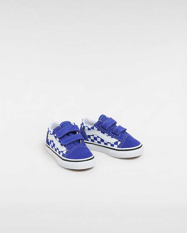 Blue Vans Old Skool Hook and Loop Checkerboard (1-4 Years) Kids' Sneakers | VN9653247