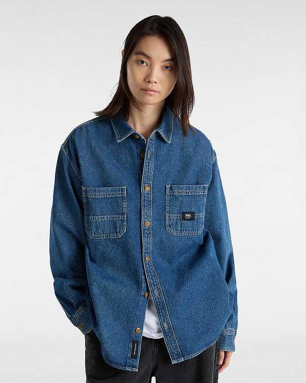 Blue Vans Stevens Denim Long Sleeve Men Shirts | VN9470268