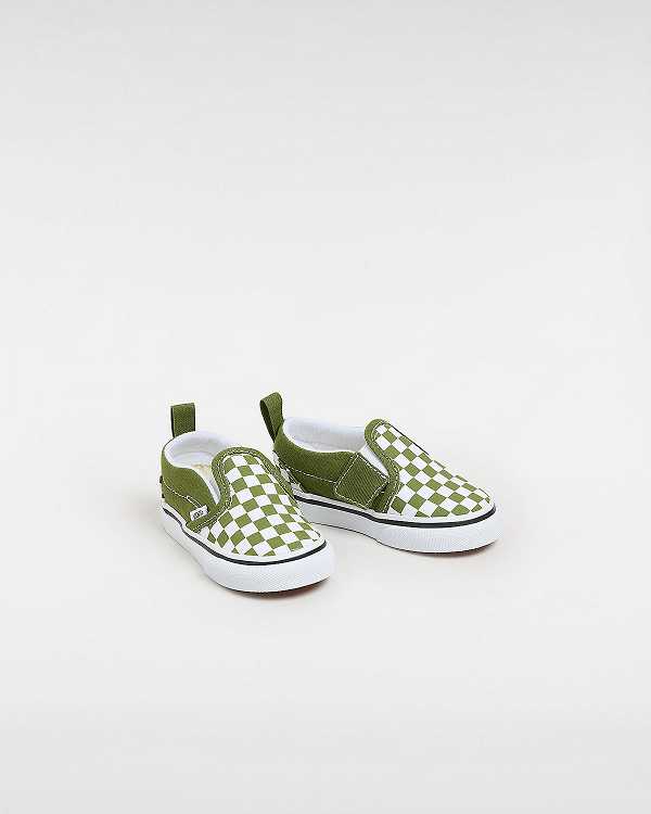 Green Vans Hook and Loop Checkerboard (1-4 Years) Kids' Slip On Shoes | VN7615930